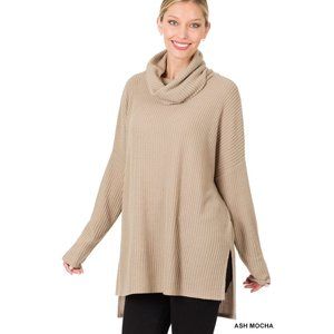 Brushed Thermal Waffle Cowl Neck Hi-low Sweater